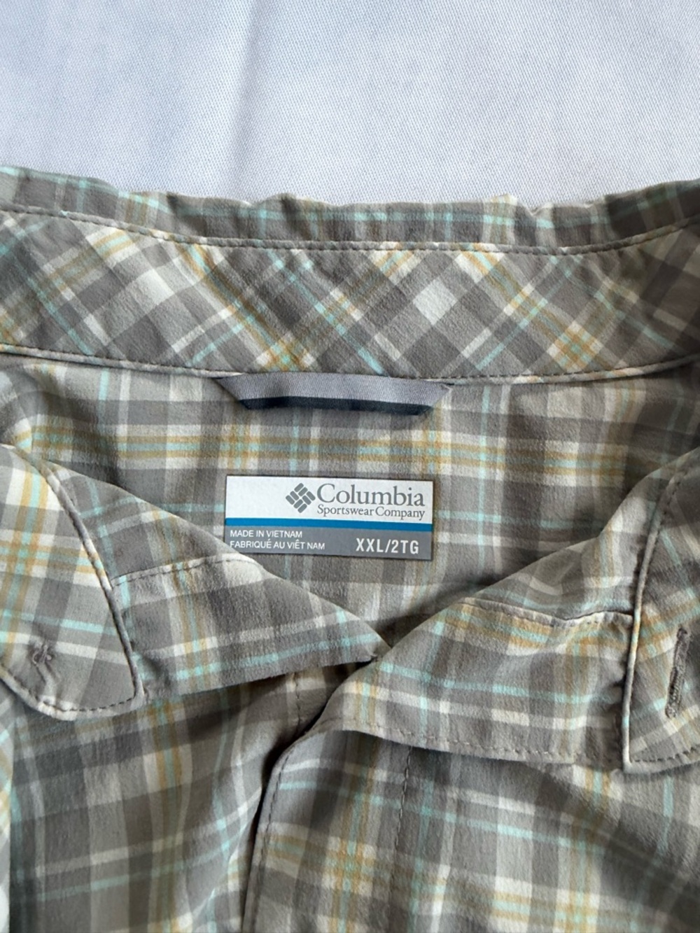 Columbia Plaid Short-Sleeve Button-Up in Gray, Blue, Yellow